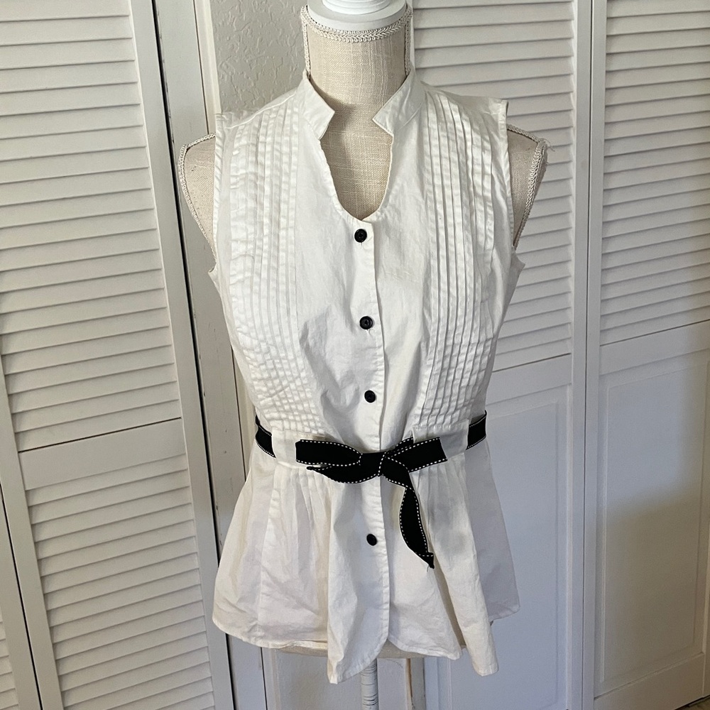 Sleeveless White Pintuck Button-Front Top with Black Belt